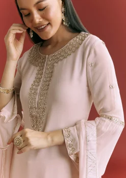 Baby Pink Georgette Kurta Sharara Suit With Moti Work And Gotta Lace