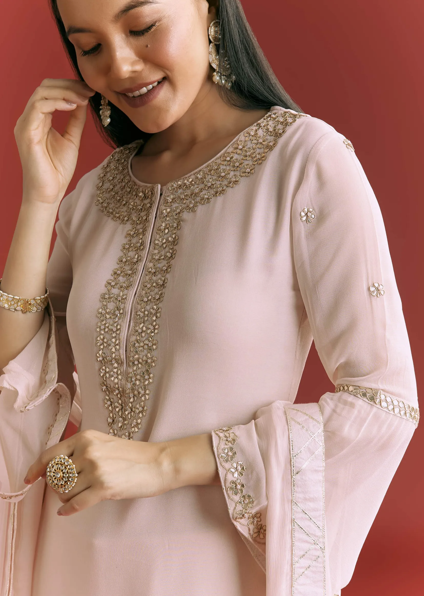 Baby Pink Georgette Kurta Sharara Suit With Moti Work And Gotta Lace