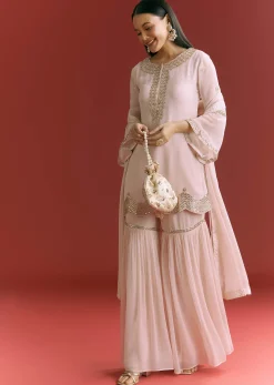 Baby Pink Georgette Kurta Sharara Suit With Moti Work And Gotta Lace
