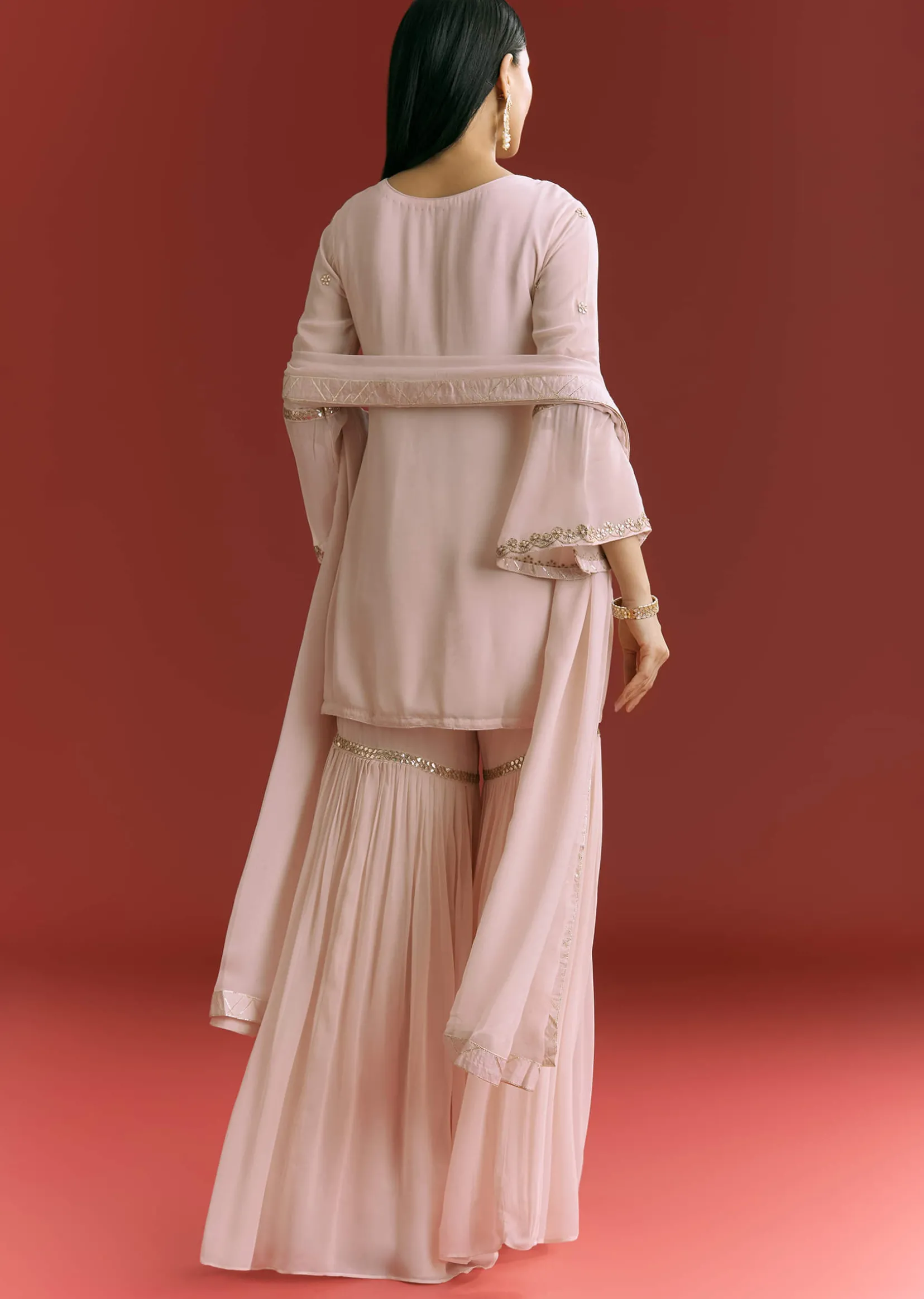 Baby Pink Georgette Kurta Sharara Suit With Moti Work And Gotta Lace