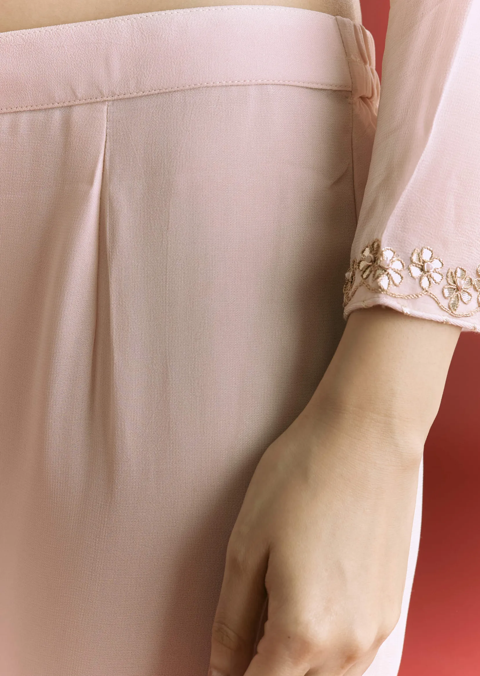 Baby Pink Georgette Kurta Sharara Suit With Moti Work And Gotta Lace