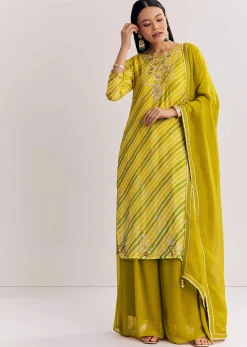 Baby Pink Georgette Kurta Palazzo Suit With Moti Work And Gotta Lace