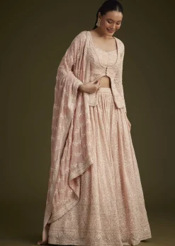 Baby Pink Georgette Lehenga Set With Lucknowi And Mirror Work