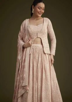 Baby Pink Georgette Lehenga Set With Lucknowi And Mirror Work