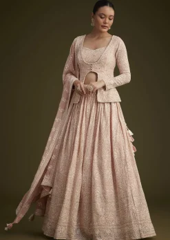 Baby Pink Georgette Lehenga Set With Lucknowi And Mirror Work