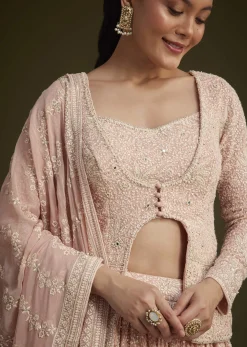 Baby Pink Georgette Lehenga Set With Lucknowi And Mirror Work
