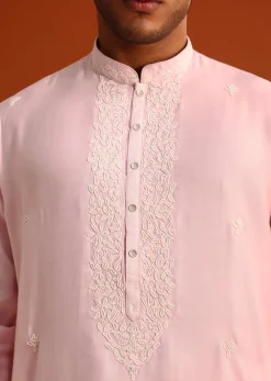 Baby Pink Hand Embroidered Kurta Set In Silk