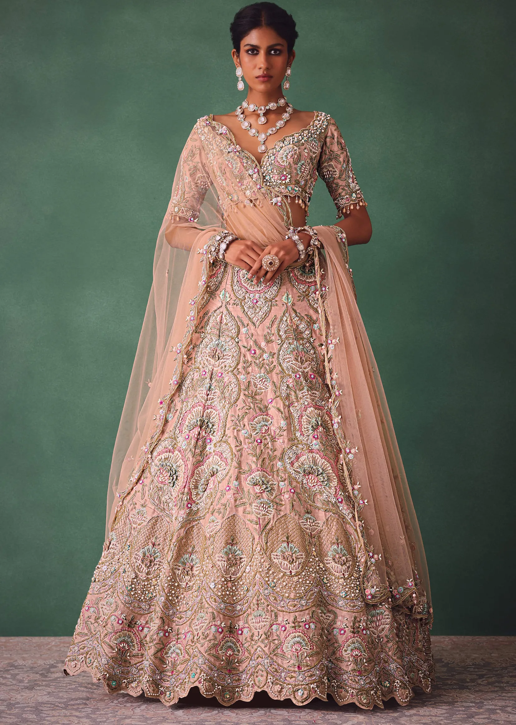 Baby Pink Jaal Work Lehenga With Sweetheart Neck Blouse And Embroidered Dupatta