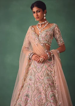Baby Pink Jaal Work Lehenga With Sweetheart Neck Blouse And Embroidered Dupatta