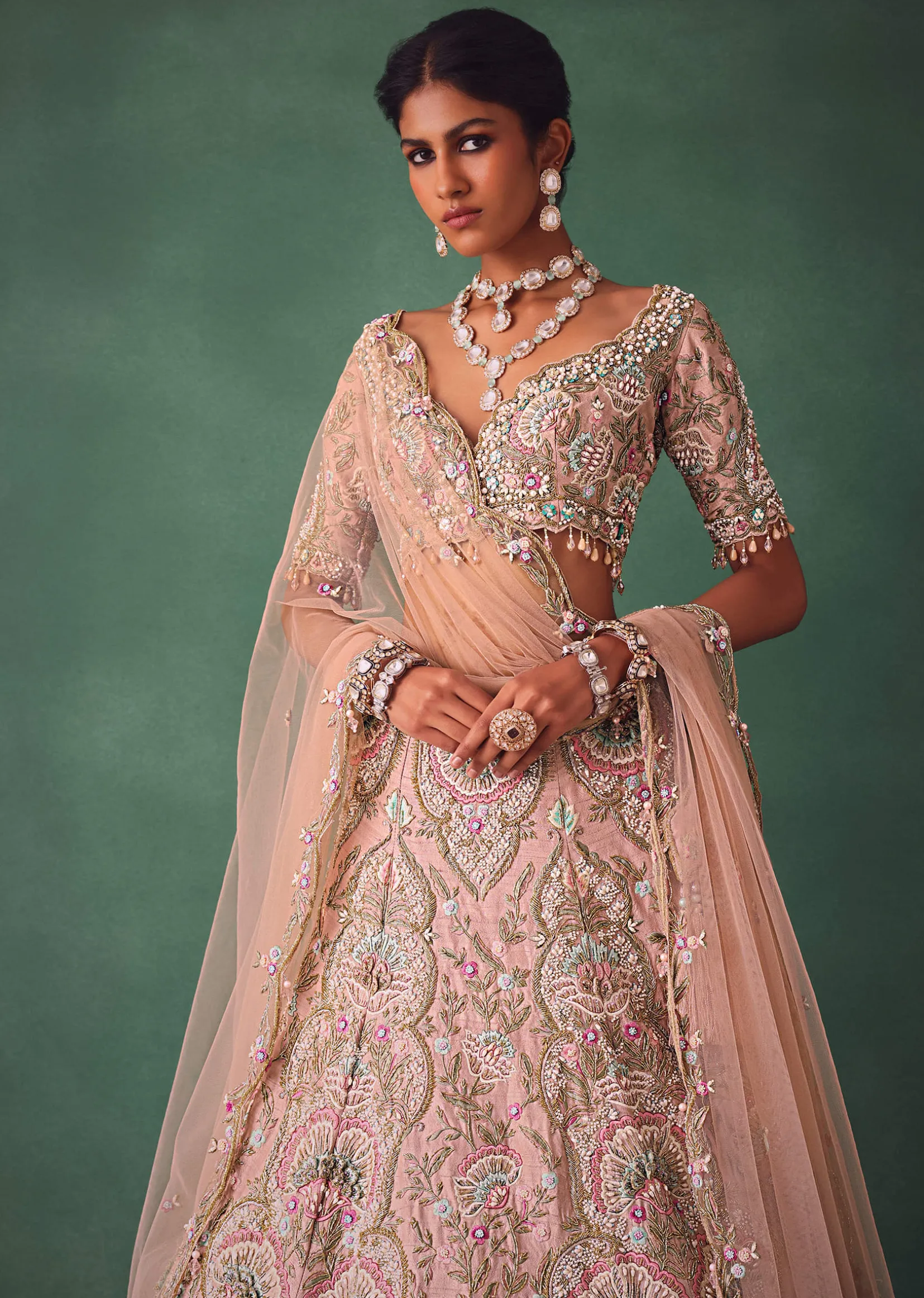 Baby Pink Jaal Work Lehenga With Sweetheart Neck Blouse And Embroidered Dupatta