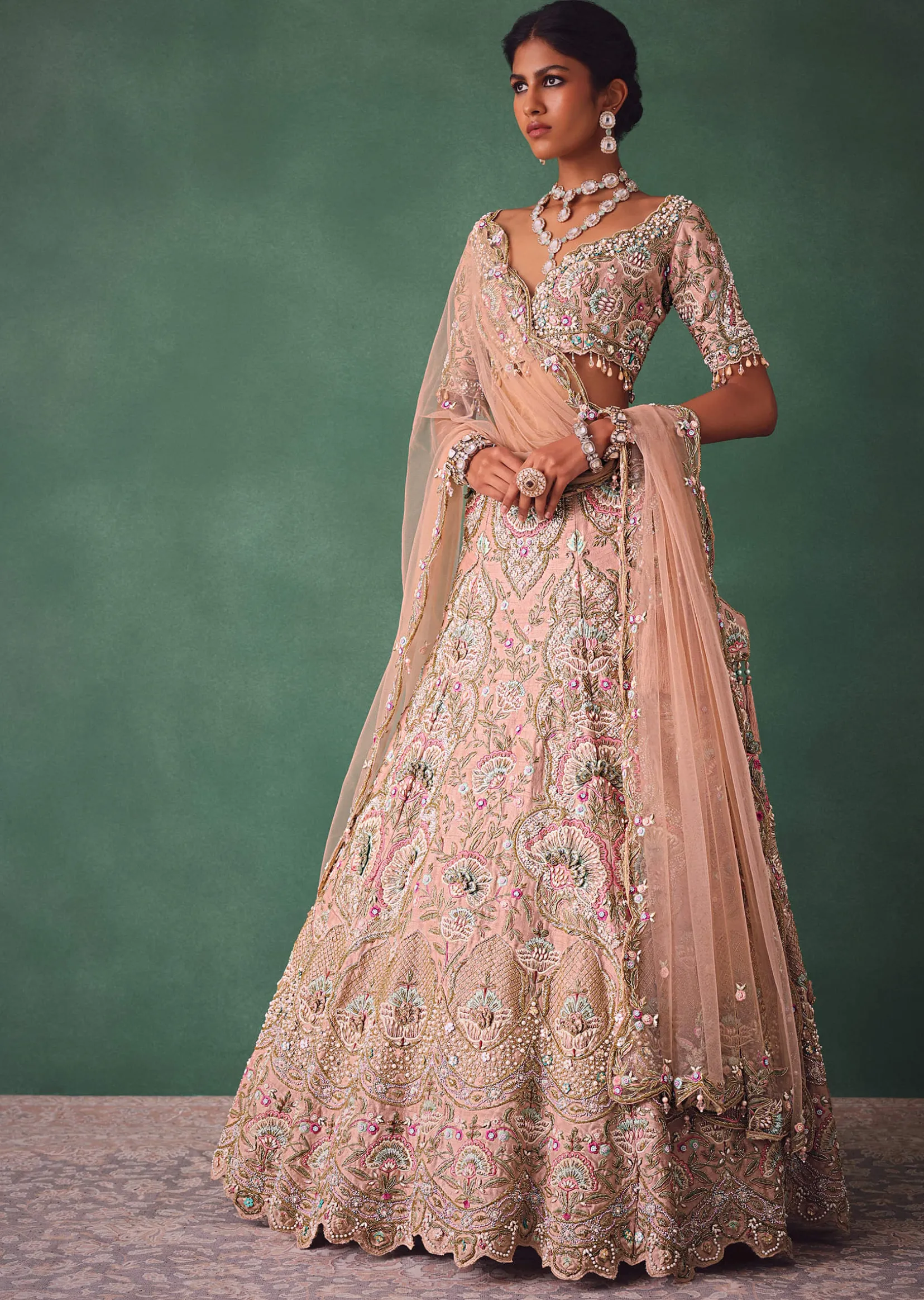 Baby Pink Jaal Work Lehenga With Sweetheart Neck Blouse And Embroidered Dupatta