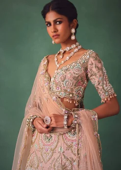 Baby Pink Jaal Work Lehenga With Sweetheart Neck Blouse And Embroidered Dupatta