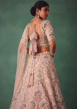 Baby Pink Jaal Work Lehenga With Sweetheart Neck Blouse And Embroidered Dupatta