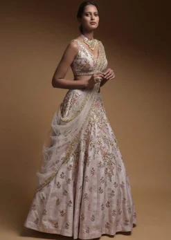 Baby Pink Lehenga Choli In Raw Silk With Hand Embroidered Resham Flowers