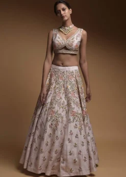 Baby Pink Lehenga Choli In Raw Silk With Hand Embroidered Resham Flowers