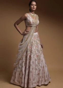 Baby Pink Lehenga Choli In Raw Silk With Hand Embroidered Resham Flowers