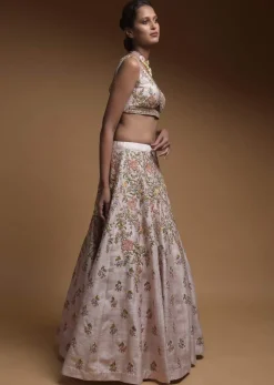 Baby Pink Lehenga Choli In Raw Silk With Hand Embroidered Resham Flowers