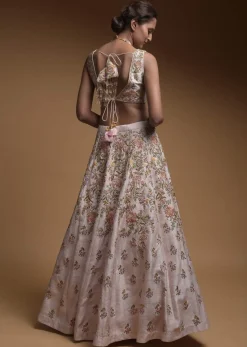 Baby Pink Lehenga Choli In Raw Silk With Hand Embroidered Resham Flowers