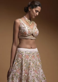 Baby Pink Lehenga Choli In Raw Silk With Hand Embroidered Resham Flowers