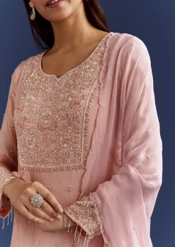 Baby Pink Moti Embroidered Work Kurta Set With Dupatta