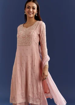 Baby Pink Moti Embroidered Work Kurta Set With Dupatta