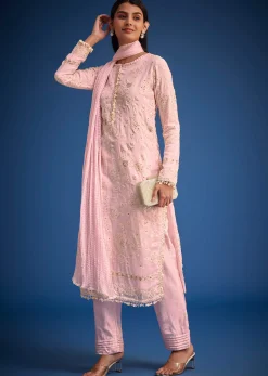 Baby Pink Organza Embroidered Straight Kurta Set