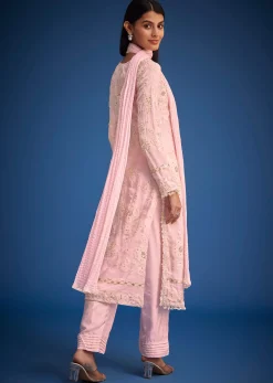 Baby Pink Organza Embroidered Straight Kurta Set