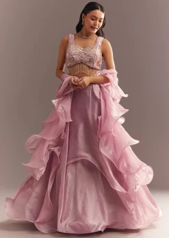 Baby Pink Organza Ruffled Lehenga Choli With Sequins