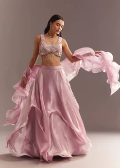 Baby Pink Organza Ruffled Lehenga Choli With Sequins