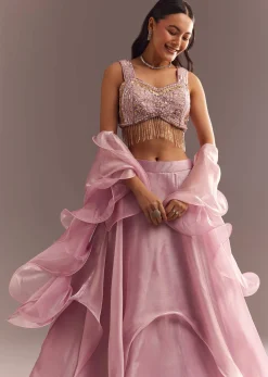 Baby Pink Organza Ruffled Lehenga Choli With Sequins