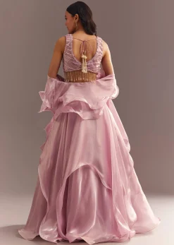 Baby Pink Organza Ruffled Lehenga Choli With Sequins