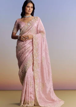 Baby Pink Organza Saree With Floral Cutwork Embroidery