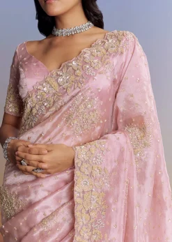 Baby Pink Organza Saree With Floral Cutwork Embroidery