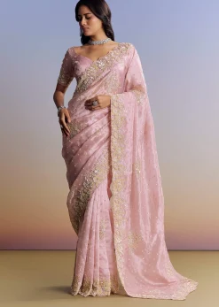 Baby Pink Organza Saree With Floral Cutwork Embroidery