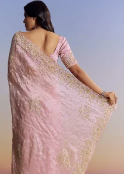 Baby Pink Organza Saree With Floral Cutwork Embroidery
