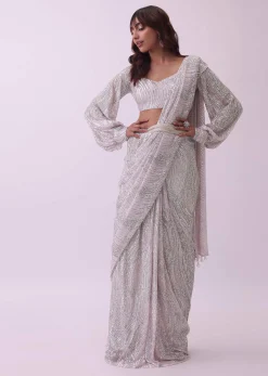 Baby Pink Saree And Stitched Blouse With Crystal Embroidered Belt