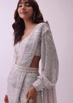 Baby Pink Saree And Stitched Blouse With Crystal Embroidered Belt