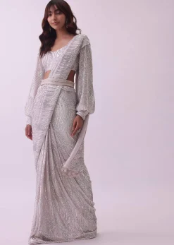 Baby Pink Saree And Stitched Blouse With Crystal Embroidered Belt