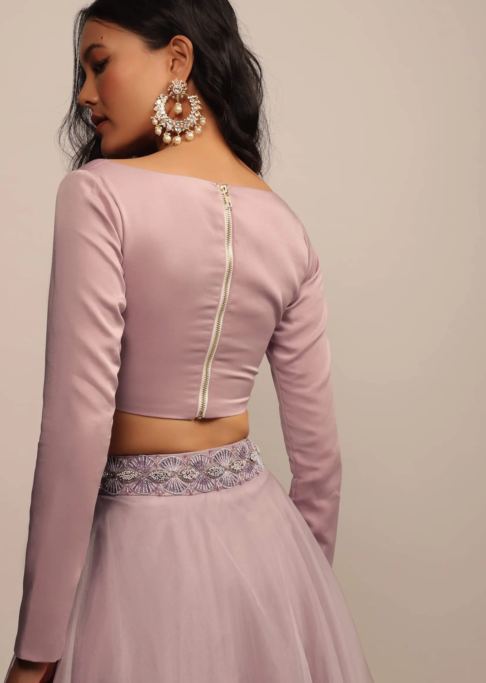 Baby Pink Satin Blouse With Sweetheart Neckline And Full Sleeves