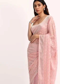 Baby Pink Satin Saree With Thread And Stone Embroidery And Unstitched Blouse