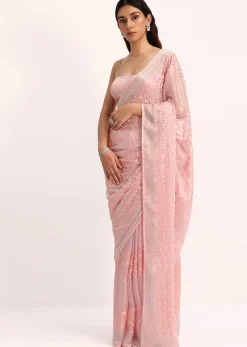 Baby Pink Satin Saree With Thread And Stone Embroidery And Unstitched Blouse