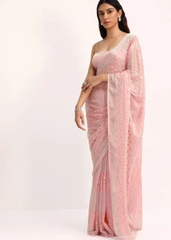 Baby Pink Satin Saree With Thread And Stone Embroidery And Unstitched Blouse