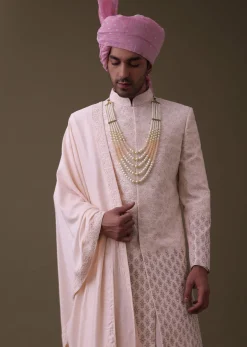 Baby Pink Sherwani Set In Raw Silk With Thread Work And Moti Embroidery