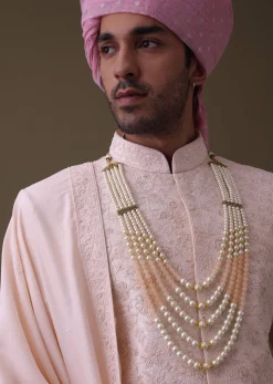 Baby Pink Sherwani Set In Raw Silk With Thread Work And Moti Embroidery