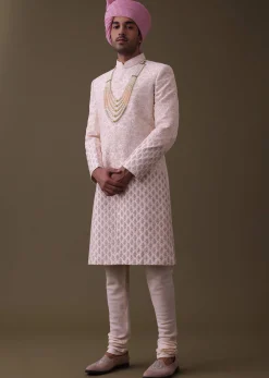 Baby Pink Sherwani Set In Raw Silk With Thread Work And Moti Embroidery