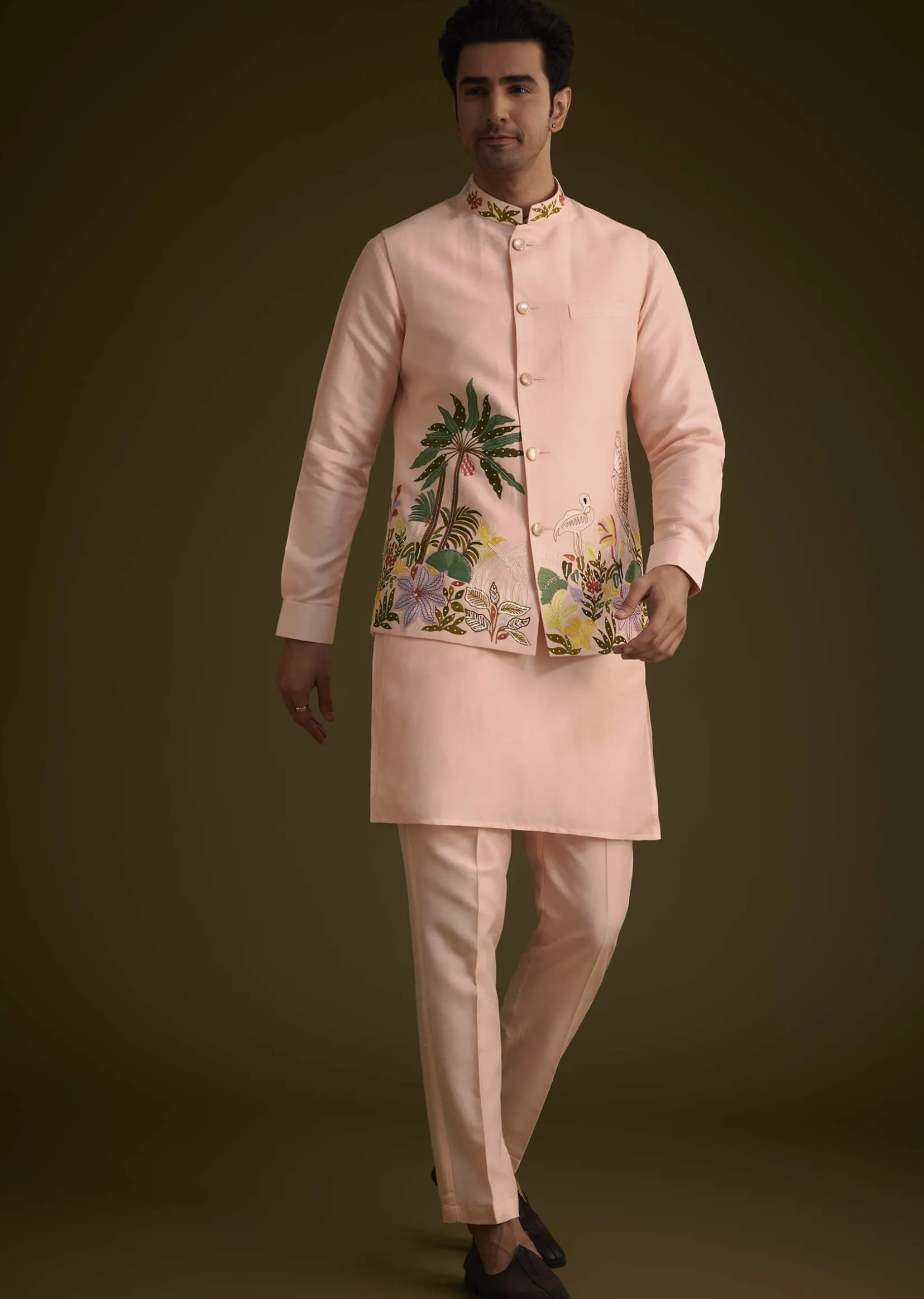 Baby Pink Silk Jacket Set With Nature Themed Patch Work