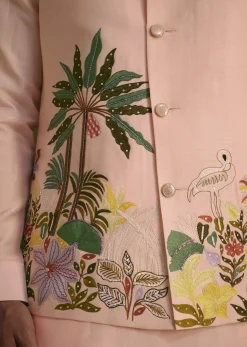 Baby Pink Silk Jacket Set With Nature Themed Patch Work