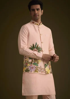 Baby Pink Silk Jacket Set With Nature Themed Patch Work