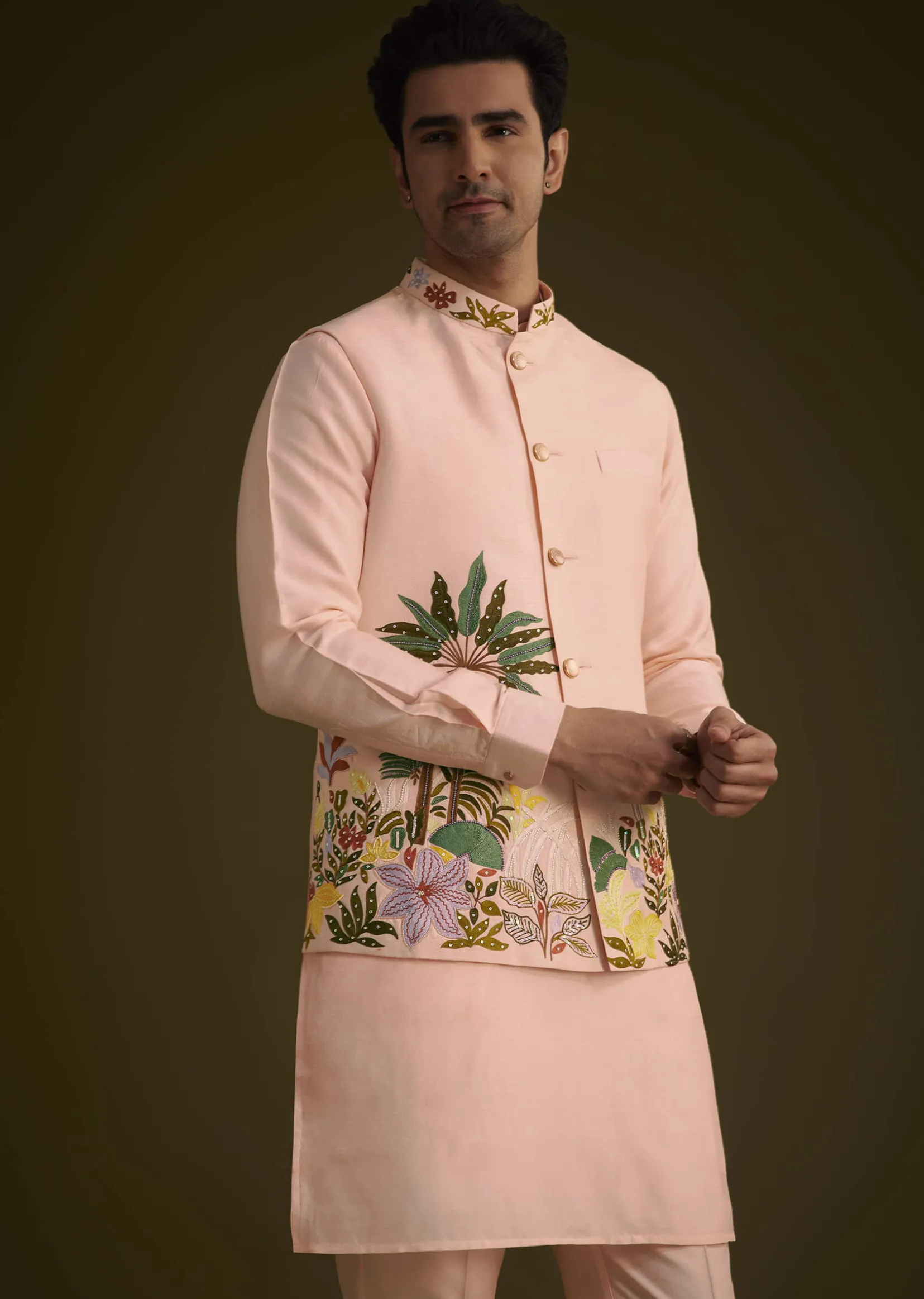 Baby Pink Silk Jacket Set With Nature Themed Patch Work