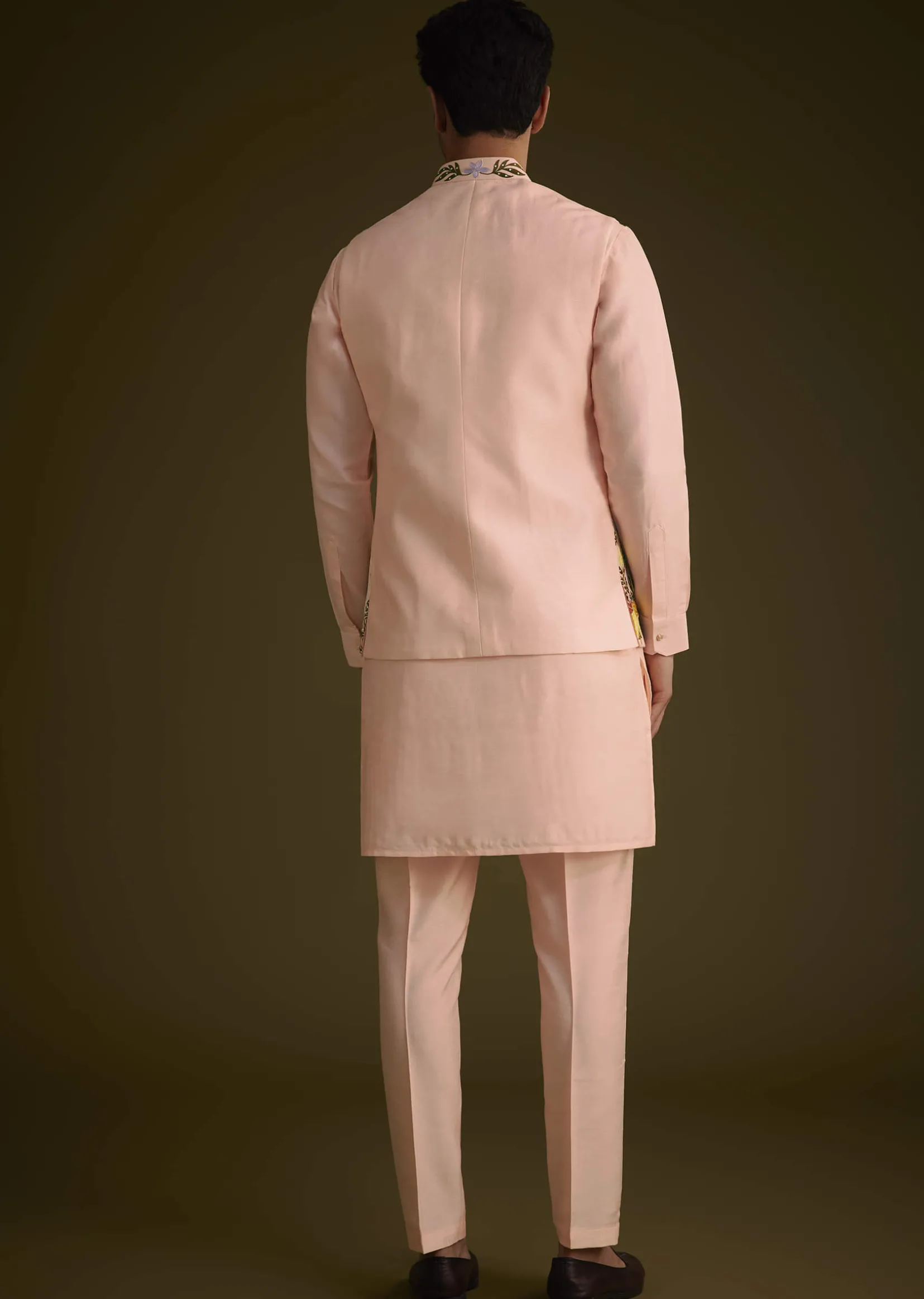 Baby Pink Silk Jacket Set With Nature Themed Patch Work